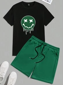 Manfinity RebelGame Nam Dệt kim Mặt In Ngắn tay Áo thun Và Bộ quần short - màu xanh lá - Xem 1