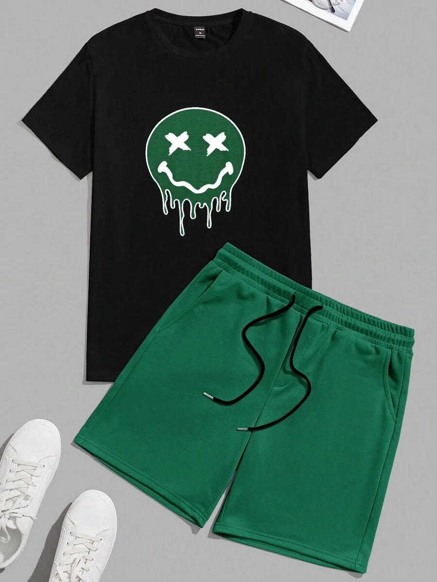 Manfinity RebelGame Nam Dệt kim Mặt In Ngắn tay Áo thun Và Bộ quần short - màu xanh lá - Xem 1