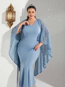 Modelyn Kích thước lớn Cổ chữ V Cape Phong cách Đuôi cá Đầm Không có Eo Thắt lưng - Màu xanh bụi bặm - Xem 9