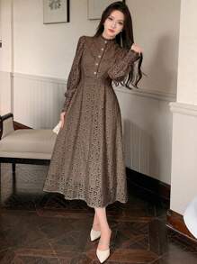 DAZY Đầm nữ cổ đứng tay dài, Đầm thu - màu nâu - Xem 1