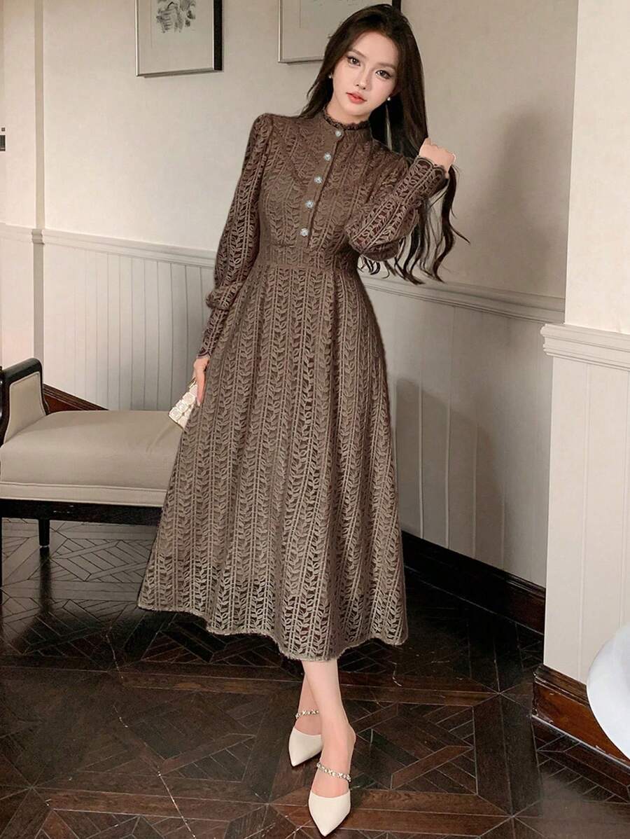 DAZY Đầm nữ cổ đứng tay dài, Đầm thu - màu nâu - Xem 1