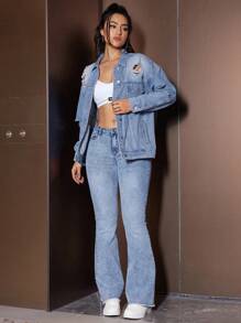 SHEIN EZwear Drop Shoulder Distressed Denim Jacket - Blue - View 5