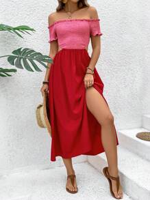 Breezaya Color Block Off Shoulder Hollow Out Shirred Bodice Dress