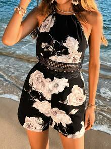 SHEIN VCAY Damen Blumenmuster Spitzen Patchwork Rückenfreier Halter Hals Jumpsuit