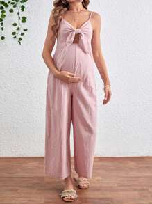 SHEIN Maternity Front Tie & Hollow Out Wide Leg Jumpsuit With Spaghetti Straps - Pink - View 3
