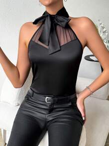Chiquease Blouse Sans Manches En Filet À Col Halter Avec Design Drapé En Couleur Unie Pour Femme - Noir - Voir 1