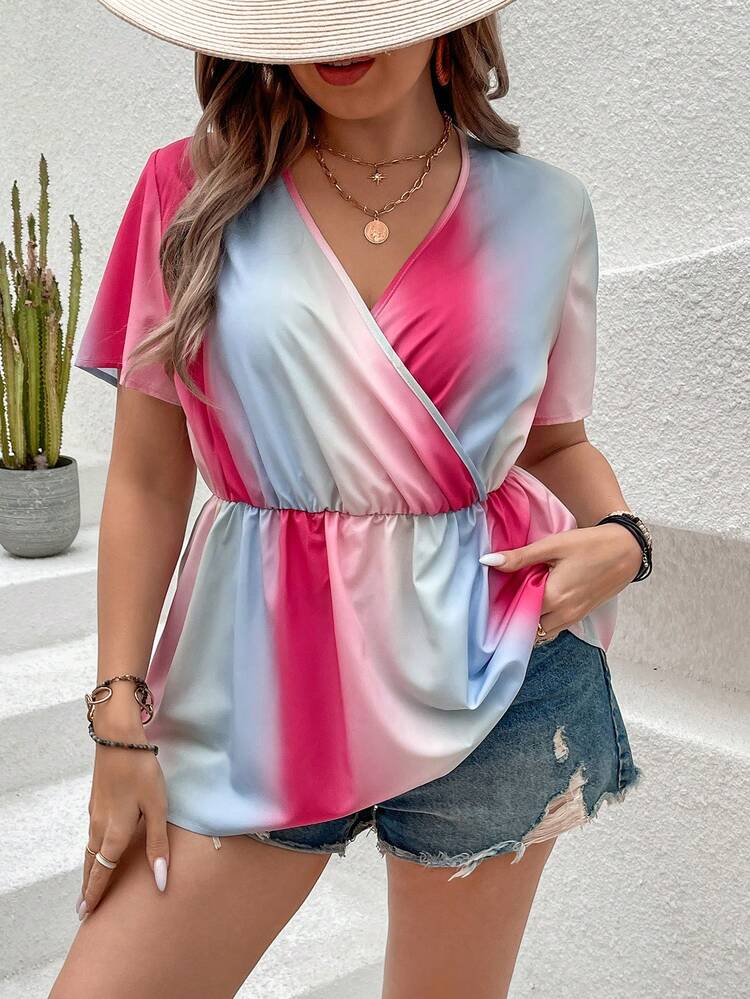 Women's Color Block V-Neck Ruffle Hem Blouse