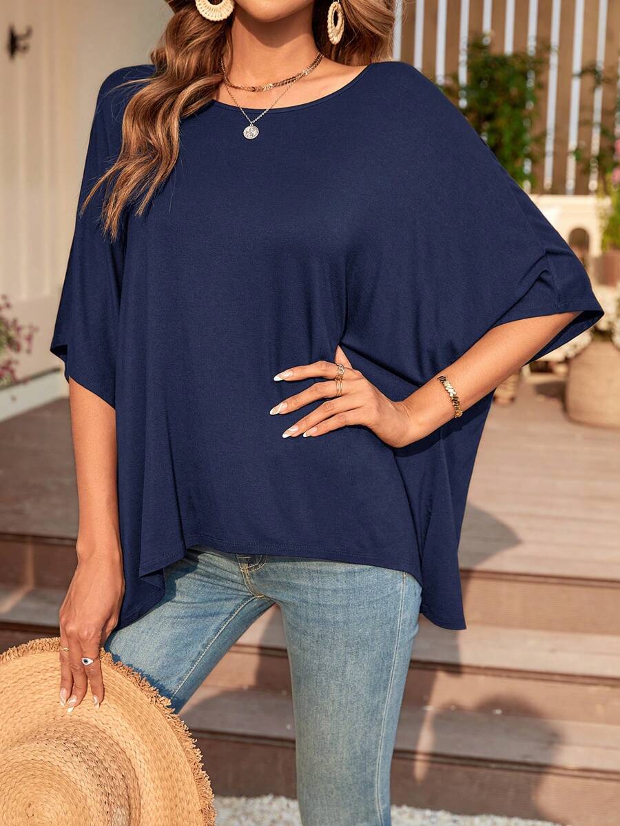 EMERY ROSE Ladies' Solid Color Asymmetrical T-Shirt - Navy Blue - View 1