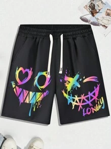 New Summer Men's Gradient Smile Face Printed Shorts With Elastic Waist & Drawstring, Regular Sports Style, Beach Shorts