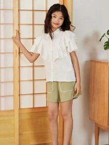 SHEIN Chemise Pour Fille Préadolescente À Manches Évasées À Volants Et À Coupe Droite Unie