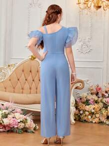 SHEIN 少女花卉珠繡分層荷葉舞袖斜肩連身褲 - 藍色 - 查看 2