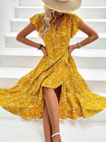 Chiquease Women's Floral Print Ruffle Sleeve Wrap Tie Dress - Yellow - View 6