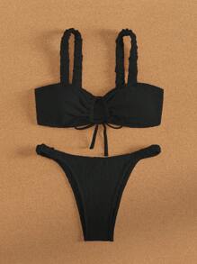 SHEIN Swim Summer Beach Women's Solid Color Front Tie Bikini Set Top And Swim Bottom Bikini Set - Black - View 7