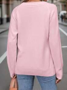 SHEIN LUNE Plus Size Hearts And Letter Pattern Raglan Long-Sleeve Sweater Knit Pullover Fall Winter - Pink - View 2