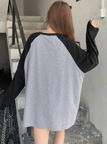 DAZY Colorblock Round Neck Star Printed Raglan Long Sleeve Tee Y2k - Dark Grey - View 5