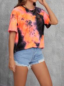 SHEIN LUNE 女字母貼片細節紮染 T 卹 - 橘色 - 查看 4