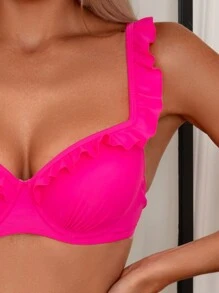 SHEIN Swim Ladies' Ruched Bikini Set With Ruffle Design, Summer Beach - Hot Pink - View 4