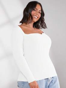 SHEIN BASICS Talla grande Jersey escote corazón tejido de canalé - Blanco - Ver 4
