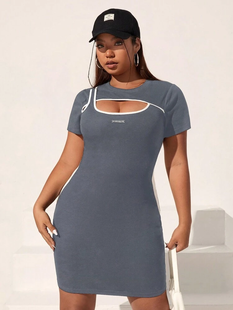 Plus Size Color Block Cutout Front Slim Fit Bodycon Dress With Hem Decoration