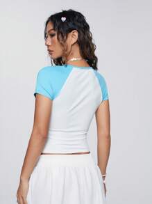 SHEIN Qutie Khối màu Ngôi sao In Y2K Ngắn tay Áo thun Đối với phụ nữ - Màu xanh lam - Xem 2