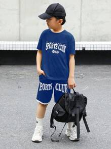 SHEIN Tween Boys' Letter Printed Short Sleeve T-Shirt And Shorts Basketball Set - Royal Blue - View 6