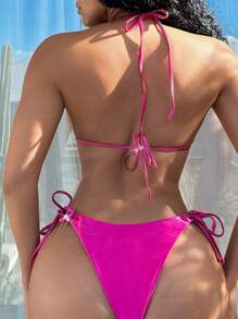 SHEIN Swim 女士纯色两件套泳衣套装 夏季 - 玫紅色 - 查看 5