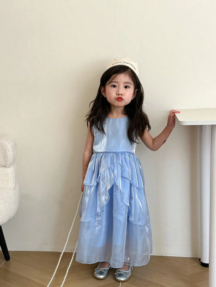 SHEIN Young Girl Solid Color Ruffled Sleeveless Dress - Blue - View 1