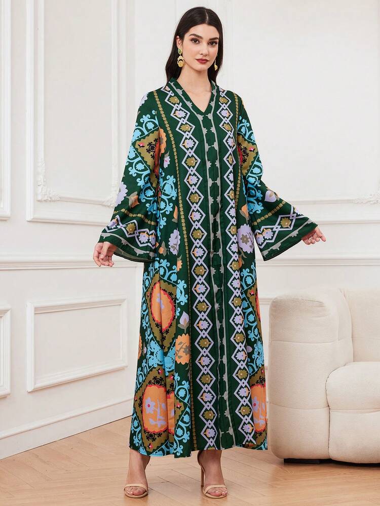 Women's Vintage Printed Flared Sleeve Modest Casual Jalabiya Dress