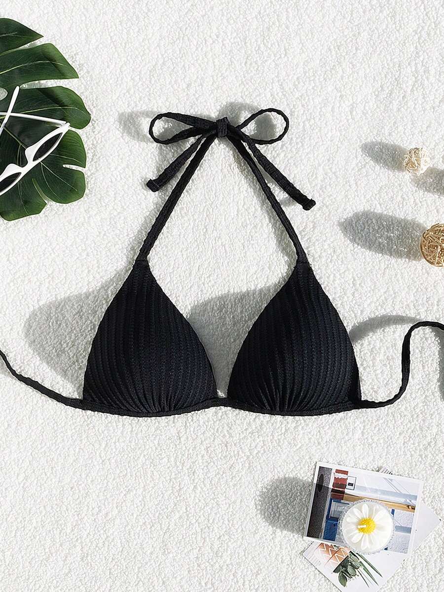 SHEIN Swim Women's Summer Beach Halter Texture Bikini Top - Black - View 1