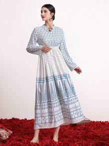 Divindia 全版印花 V領 長袖連衣裙