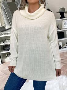 Flirla Women's Plus Size High Neck Solid Color Ribbed Loose Knitted Casual Sweater Fall Winter - White - View 3