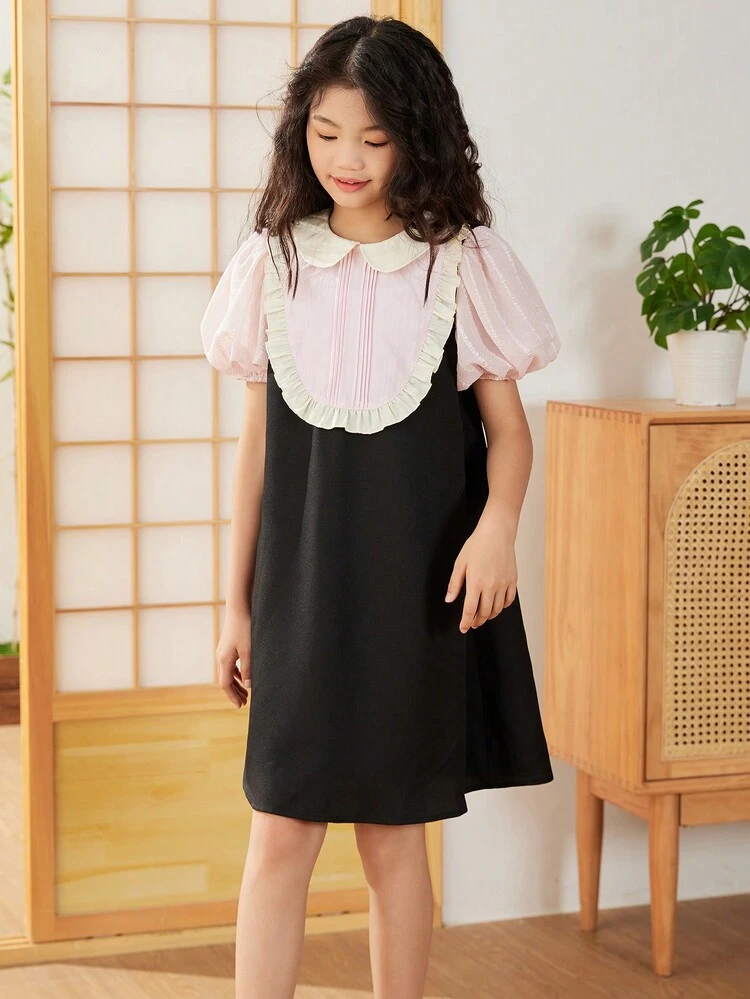 Tween Girls' Cute Peter Pan Collar Colorblock Puff Sleeve Mid-Length Dress With Perfect Fit