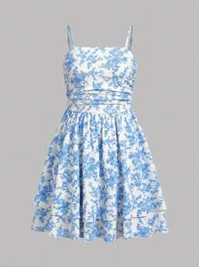 Cô gái Đan Hoa In Giải trí Dây đeo Mì Ý  Đầm - Màu xanh lam - Xem 7