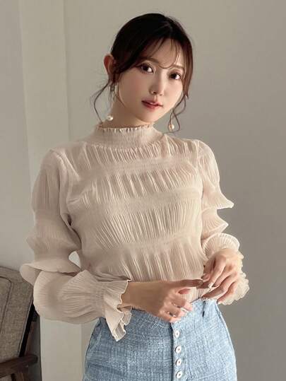 FRIFUL Women's Solid Color Stand Collar Lotus Sleeve Shirt,Long Sleeve Tops,Ruffle,Fall Clothes Turtleneck Women