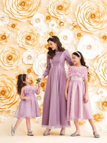 SHEIN Young Girl's Spliced Glamorous Sleeveless Mesh Dress - Purple - View 9