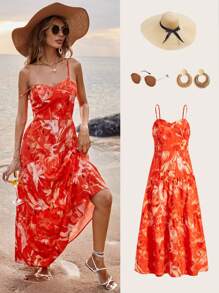 SHEIN VCAY Trang phục bãi biển mùa hè cho phụ nữ - Màu Cam cháy - Xem 1