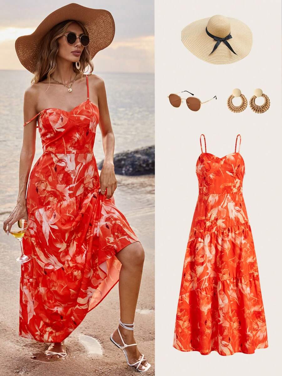 SHEIN VCAY Trang phục bãi biển mùa hè cho phụ nữ - Màu Cam cháy - Xem 1