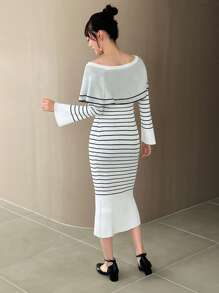 FRIFUL Women's Striped Long Sleeve Sweater Dress,Fall Clothes - Black and White - View 2