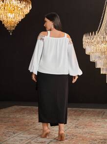 Modelyn Conjunto de Top de Manga Lanterna com Ombros Abertos e Saia com Design Colorblock Brilhante com Paetês, Vestido de Festa Elegante de Duas Peças para Tamanhos Grandes - Preto e Branco - Visão 2