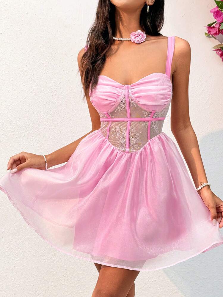 Women's Vacation Patchwork Lace Spaghetti Strap Dress