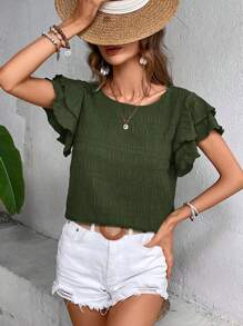 EMERY ROSE Women's Round Neck Ruffle Sleeve Blouse - Army Green - View 6