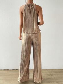 SHEIN Revavyn Women's Solid Color Pleated Halter Neck Top And Pants Set - Coffee Brown - View 2