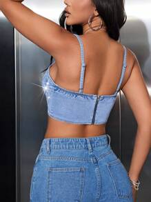 SHEIN SXY 女士鑲有鑽石裝飾的牛仔絲質背心上衣 - 藍色 - 查看 2