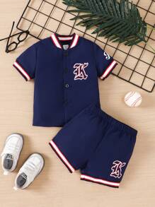 夏季嬰兒男童編織休閒簡約時尚歐美風印花棒球領套裝短褲 - 藏蓝色 - 查看 1