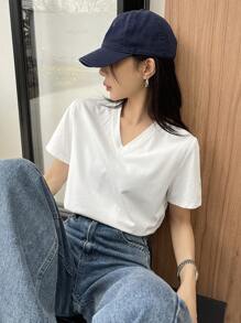 DAZY 女純色v領休閒t卹 - 白色 - 查看 5