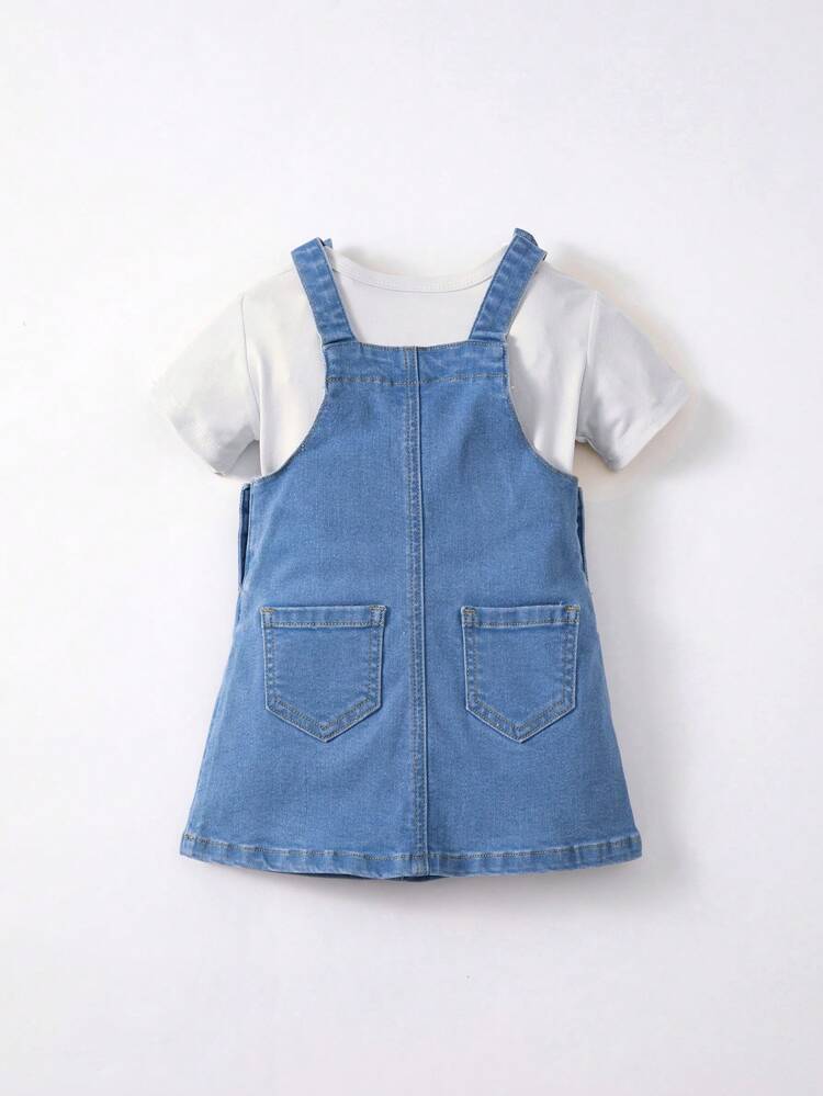 Baby Girl Light Wash Denim Overall Dress With Cute Embroidery (Spring/Summer)