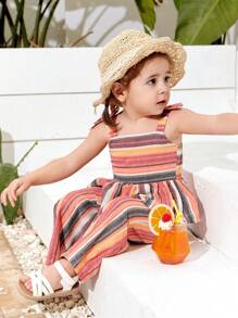 SHEIN Baby Girl Striped Cami Top With Elastic Waist Pants Set For Summer Vacation - Multicolor - View 1