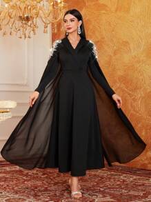 Modelyn Women's V-Neck Cape Sleeve Overlay Evening Dress Adorned With Rhinestones & Faux Pearl,Elegant Evening Party Maxi Modest Long Sleeve Dress Long Evening Dresses