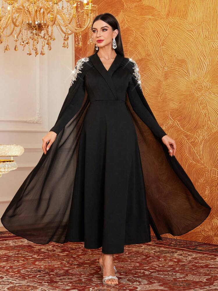 Robe De Fête Shein Avec Manches évasées à Rhinestones – Neuve Sans étiquettes, Taille S Noire