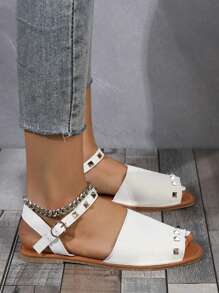 女式時尚舒適白色露趾扁平涼鞋,帶鉚釘和扣帶 - 白色 - 查看 4